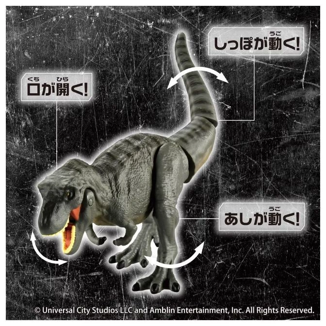  Gray dinosaur toy with articulated tail, legs, and opening mouth, showcasing its movable features.