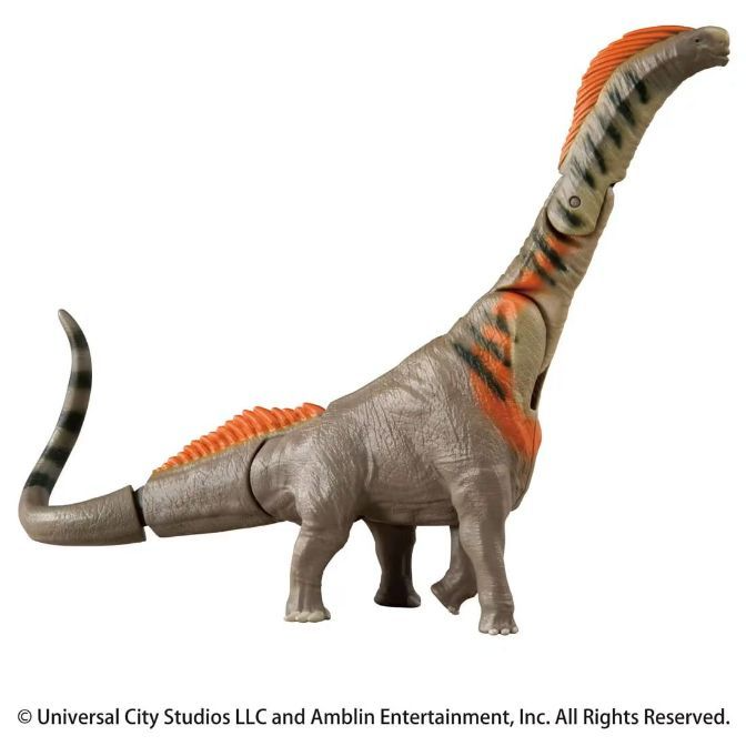  Apatosaurus toy with striped neck and tail, and orange markings.