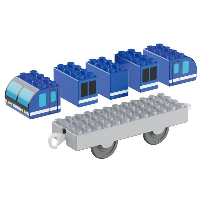  Blue toy train set with five cars and a gray wheeled base.