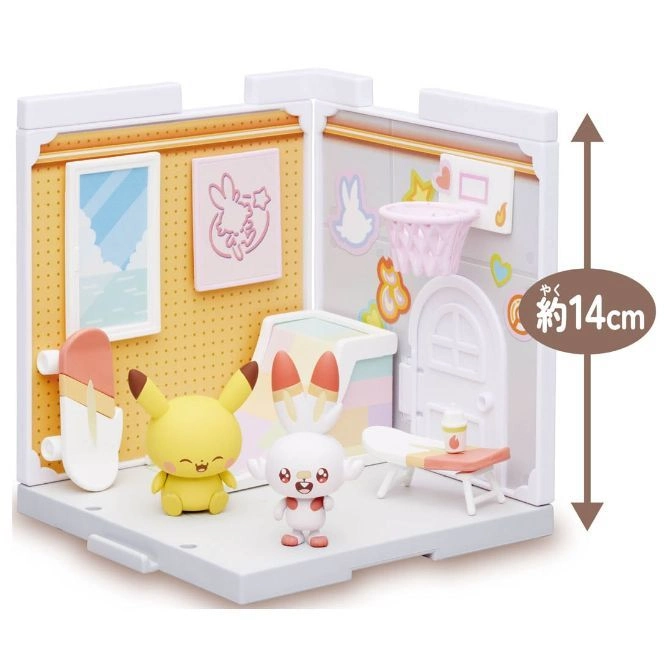  Pokémon playset with Pikachu and Scorbunny figures in a miniature room setting.