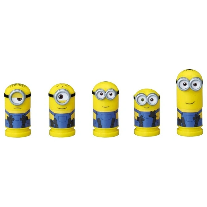  Minions toy figures with different eye configurations wearing overalls.