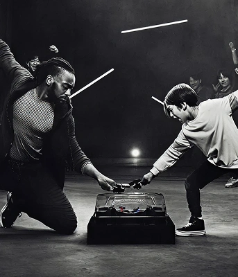 Two players battling with Beyblade X launchers in dramatic black and white.