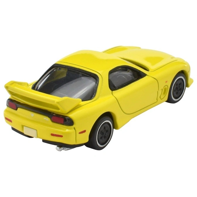  Yellow toy Mazda RX-7 with spoiler, black wheels, and detailed features.