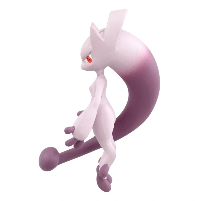  Mewtwo figurine with a long, curved tail and red eyes.