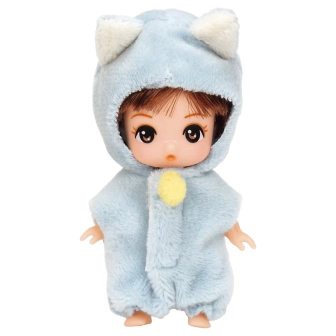 Doll wearing a light blue cat-eared hooded onesie with a yellow pompom.