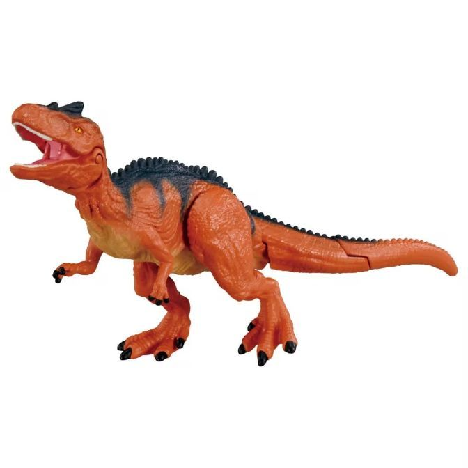  Orange dinosaur toy with black markings, mouth open.