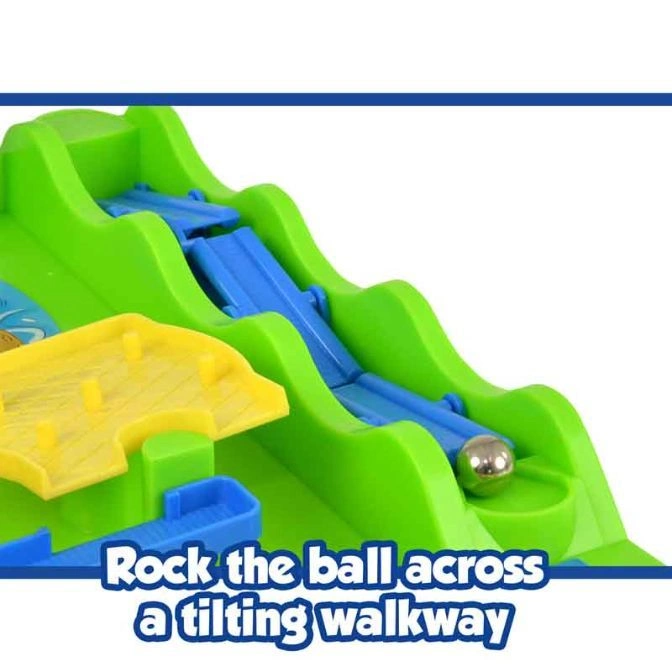  A green and blue tilting ball maze toy with a silver ball rolling down the track.