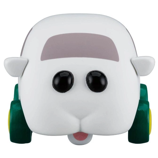  White guinea pig car toy with green wheels and big black eyes.