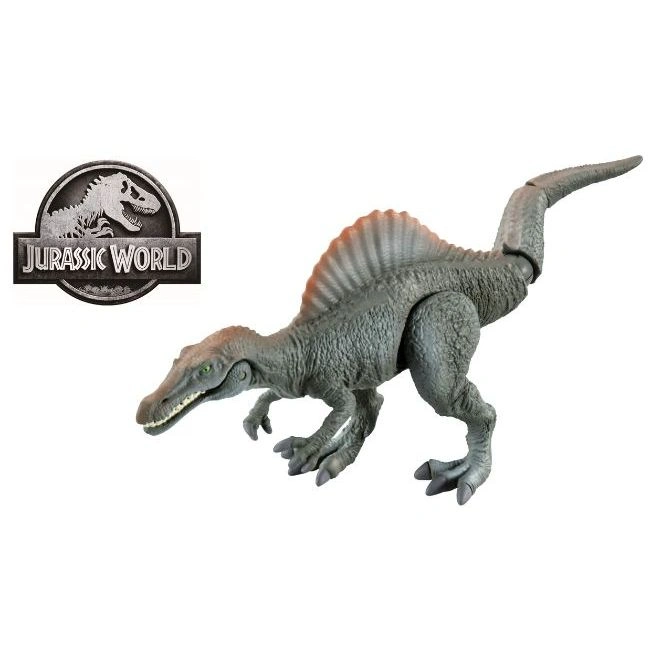  Gray Spinosaurus toy with sail and Jurassic World logo.