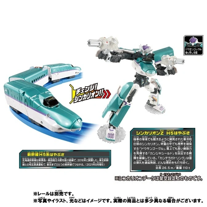  Shinkalion Z H5 Hayabusa toy: train transforms into robot with guns. Train on track shown.
