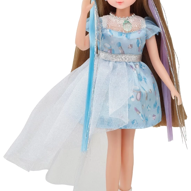  Fashion doll in a blue dress with long brown hair and blue and purple streaks.