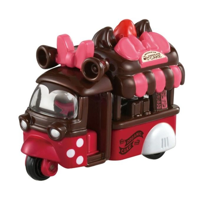 Minnie Mouse chocolate cake truck toy with pink bows and red accents.