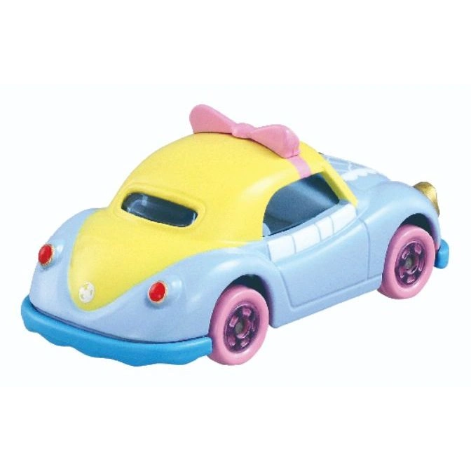  Blue and yellow toy car with a pink bow on top and pink wheels.