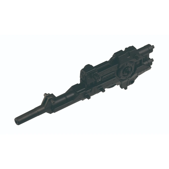  Black toy gun with a long barrel and detailed mechanical components.