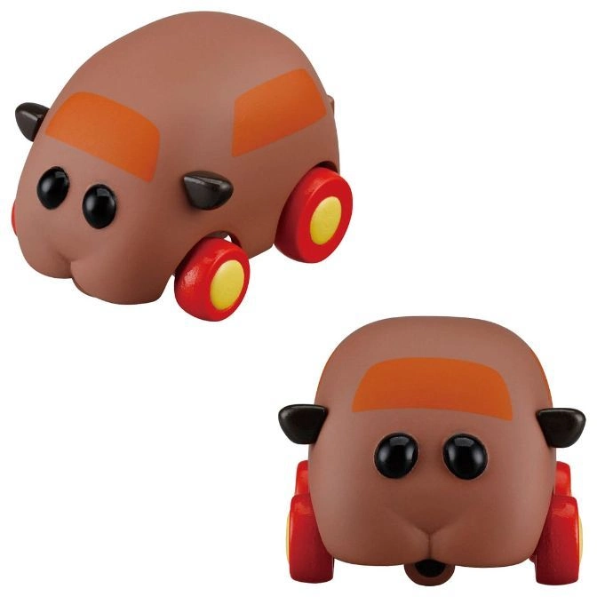  Two brown guinea pig car toys with orange windows and red wheels.