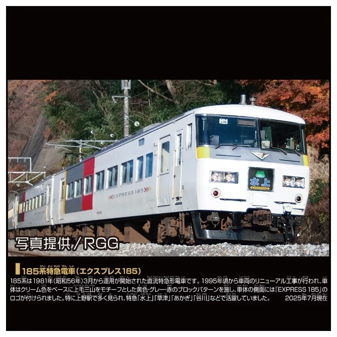  A white and gray JR 185 series train with yellow and red accents, labeled "EXPRESS 185" and "Minakami."