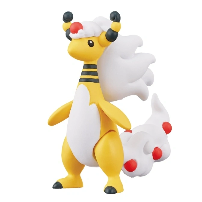  Mega Ampharos toy figure, yellow body with white wool-like tail and mane, black stripes on neck.