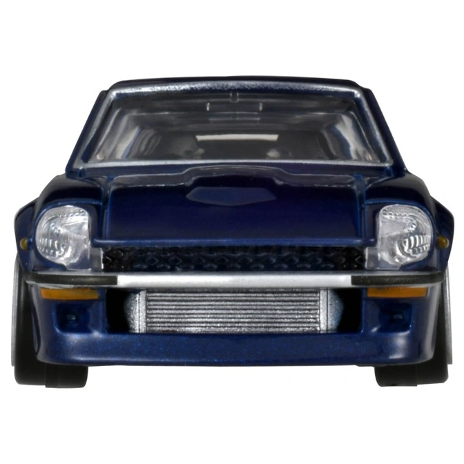  Blue toy car with silver grill and headlights, front view.