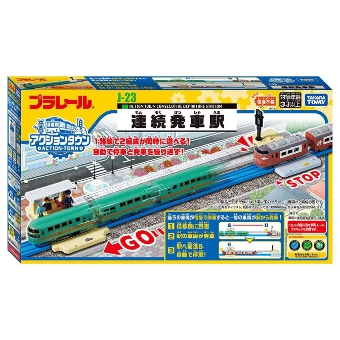  Plarail Action Town Consecutive Departure Station toy set with trains on tracks.
