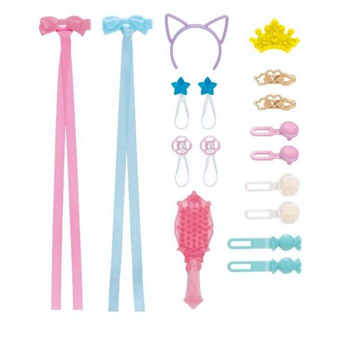 Toy hair accessories set: ribbons, cat ears, crown, clips, and brush.
