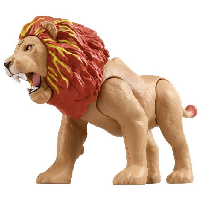 Toy lion with red and yellow mane roaring, showing teeth.