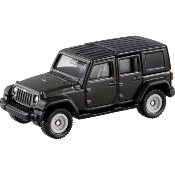 Gray toy Jeep Wrangler with a black roof and white wheels.