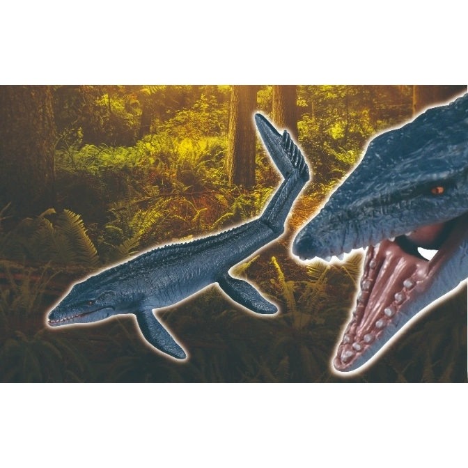  Blue mosasaur toy with open mouth against a forest background.