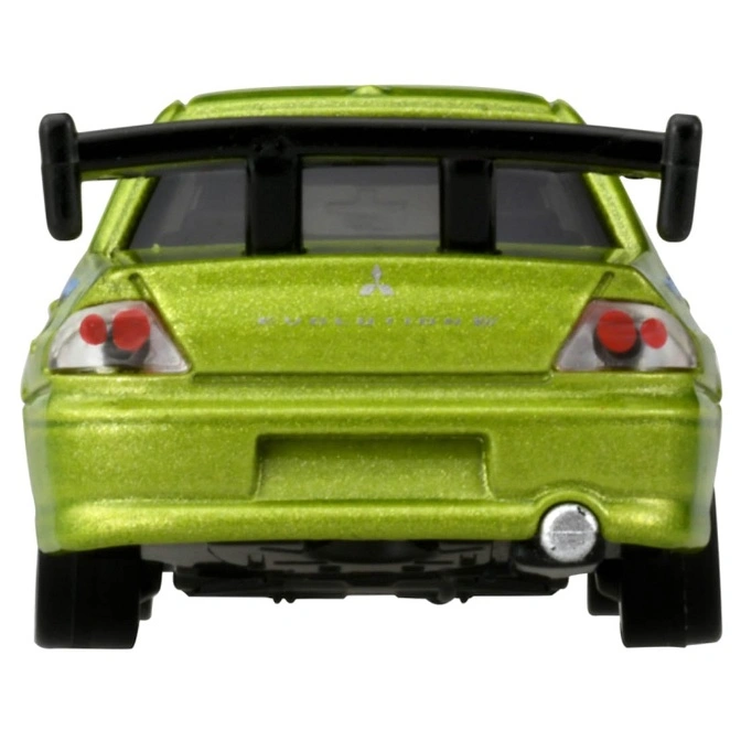  Green toy car rear view with black spoiler and visible taillights.