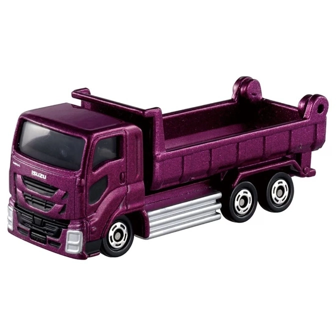  Purple toy dump truck with silver details and black wheels.