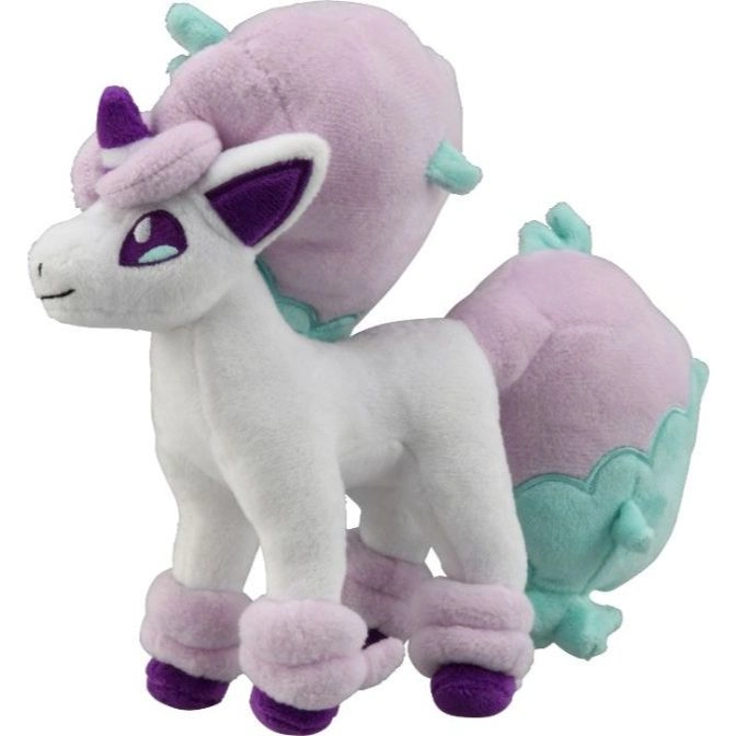 Galarian Ponyta plush toy with white body, purple mane and hooves, and teal accents.