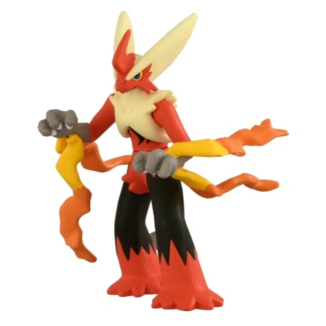 Blaziken action figure with red, black, and yellow details, posed with arms outstretched.