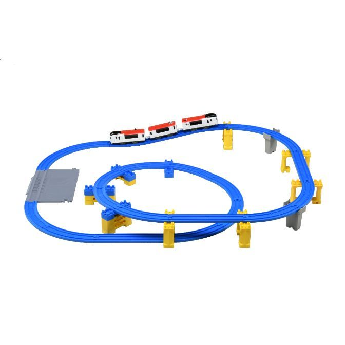  A toy train set with a blue track, yellow and gray supports, and a red and white train.