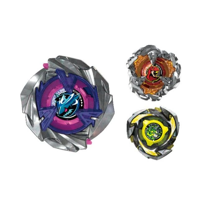 Three Beyblade spinning tops: purple, orange, and yellow, ready for battle.