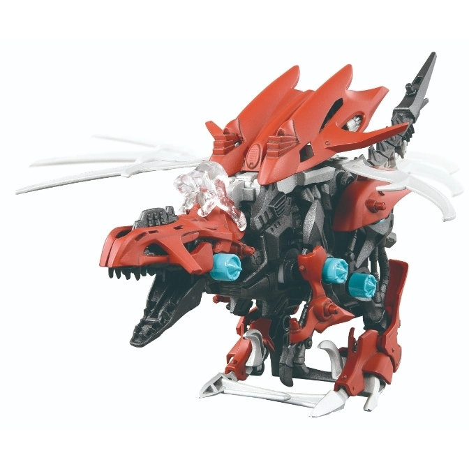 Red and black dinosaur Zoid toy with white blades.