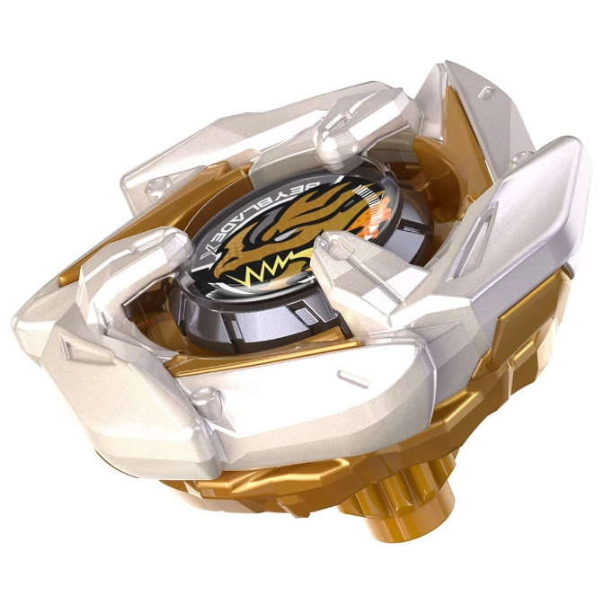  Gold and white Beyblade with a tiger design on the central disc.
