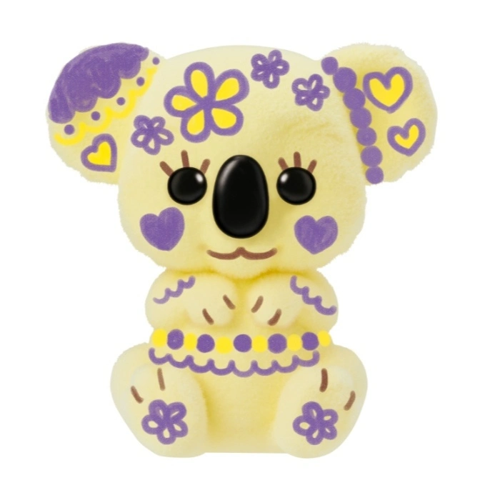  Yellow plush koala toy with purple and yellow floral and heart designs.