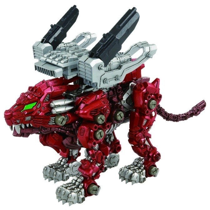  Red robotic lion toy with silver and black weaponry mounted on its back.