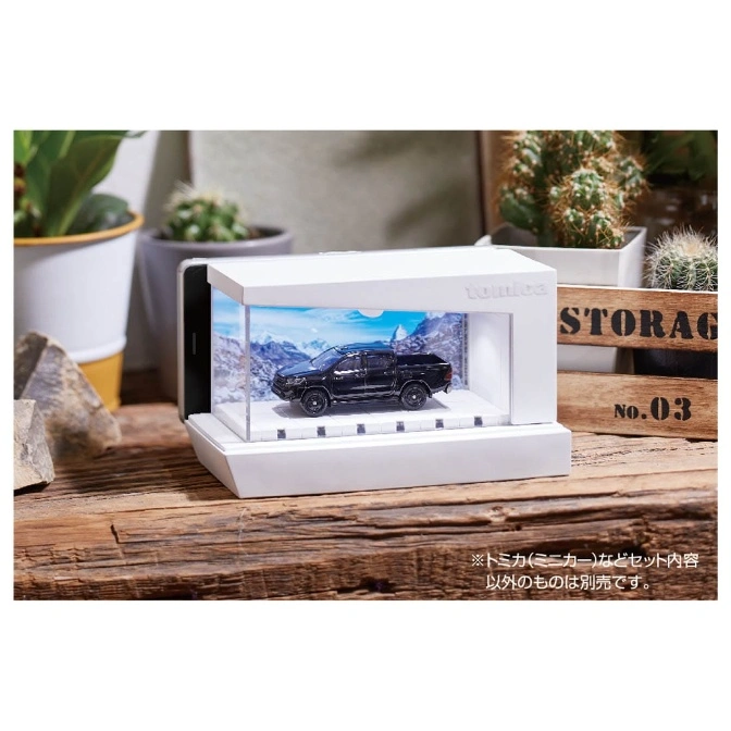  Black toy pickup truck in a white display case with a mountain backdrop.