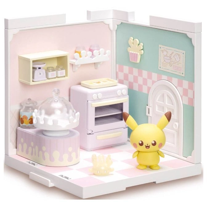 Pikachu toy in a pastel kitchen playset with oven, cake stand, shelves, and a door.