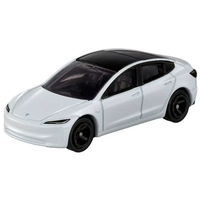 White toy Tesla Model 3 with black roof and wheels.