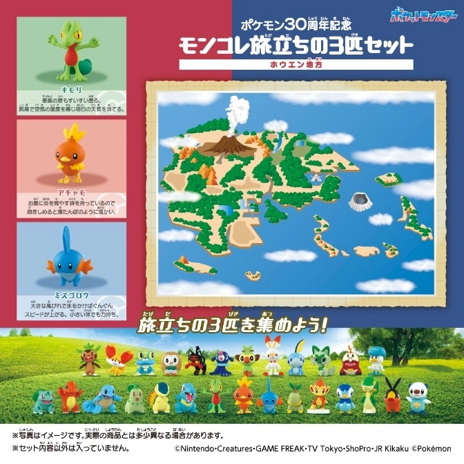  Pokémon toy set: Treecko, Torchic, Mudkip figures, Hoenn map backdrop, and other Pokémon figurines on a grassy field.