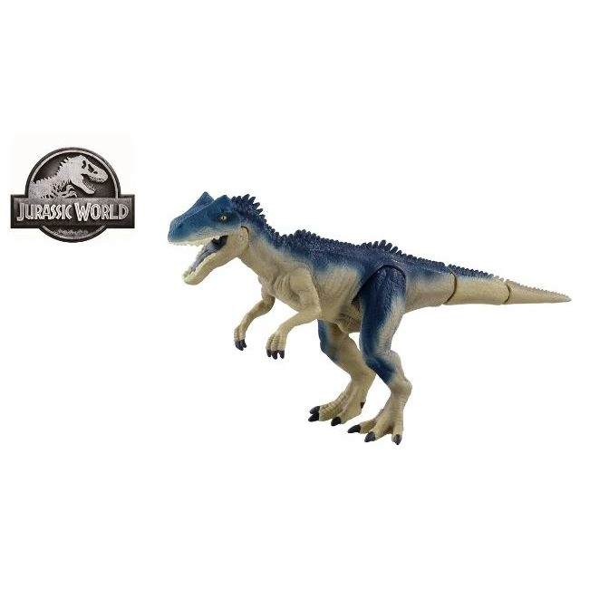 Blue and beige Jurassic World dinosaur toy with articulated limbs in a walking pose.