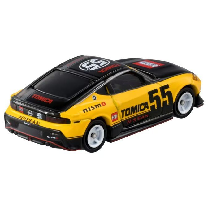  Yellow and black Nissan Z NISMO Tomica toy car with number 55 and white wheels.