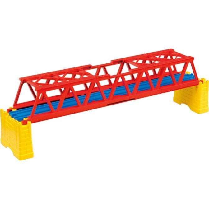A red and blue toy train bridge with yellow supports.