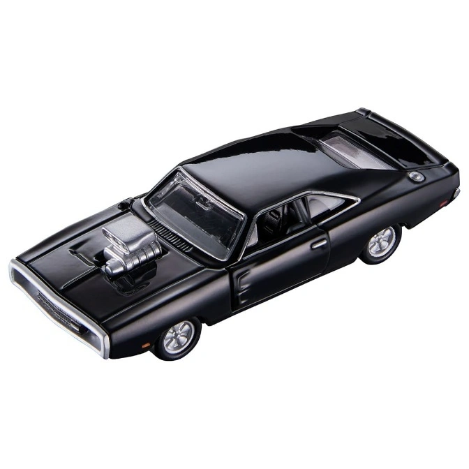  Black toy Dodge Charger with a supercharger on the hood.