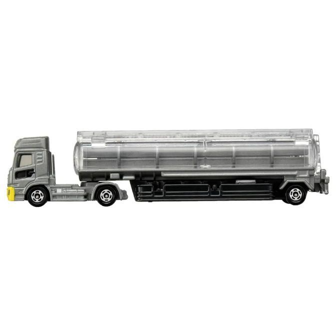  Toy tanker truck, silver cab and clear tank trailer, detailed wheels.