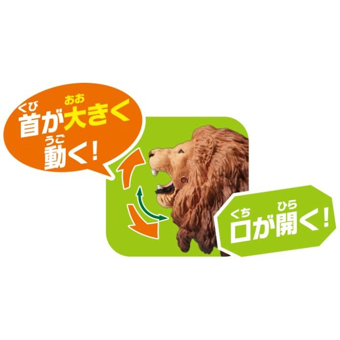  Lion toy with moving neck and opening mouth, indicated by speech bubbles and arrows.