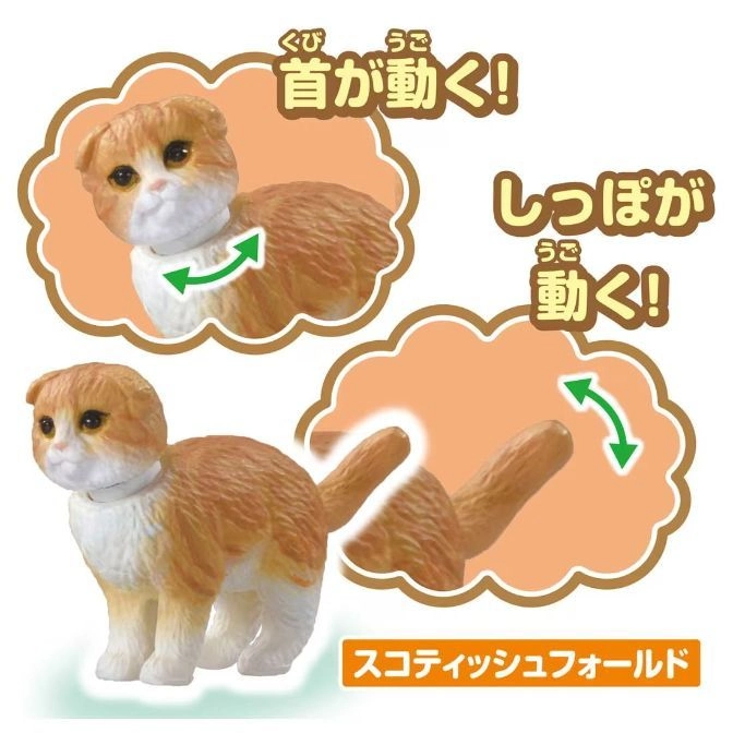  Scottish Fold toy cat with rotating head and tail, demonstrating poseability.