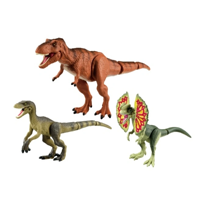  Three dinosaur toys: a brown T-Rex, a green raptor, and a green dilophosaurus with a yellow and red frill.