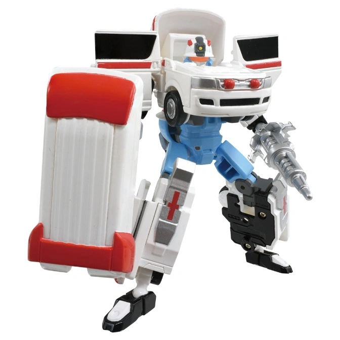 Transformer toy robot with ambulance vehicle parts, white and red color scheme, holding a gun.